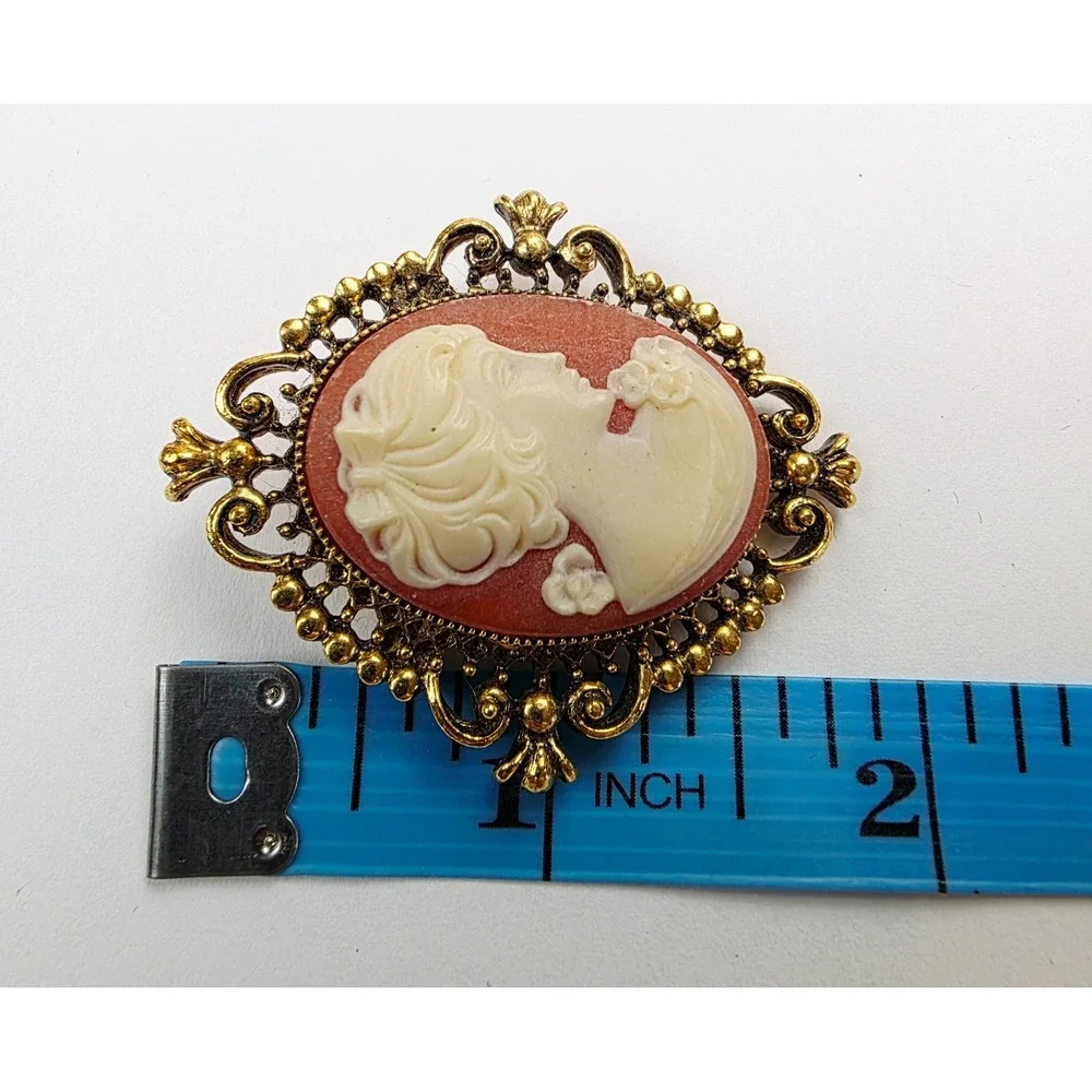 Vintage Gold Tone Filigree Cameo Brooch Classical Lady Profile Costume Jewelry